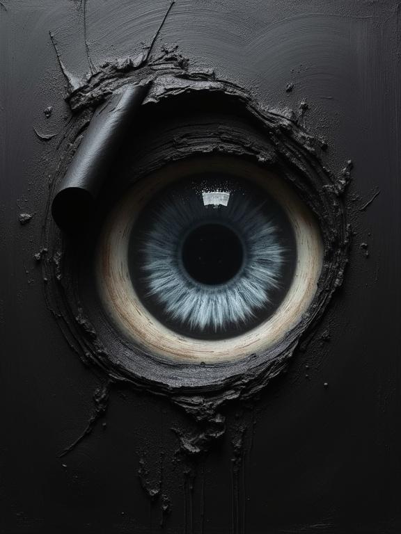 Oil-painted black canvas features a central eye. Left edge exhibits a peeling effect, revealing lighter gray layers beneath. Maintain rough oil texture and cosmic pupil detail. Right side retains a deep void. Only left border appears subtly peeled.