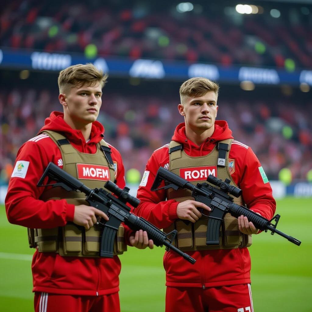 Russian footballers standing on football pitch. Holding guns. Wearing military-style vests. Colorful stadium background. Focus on security presence.