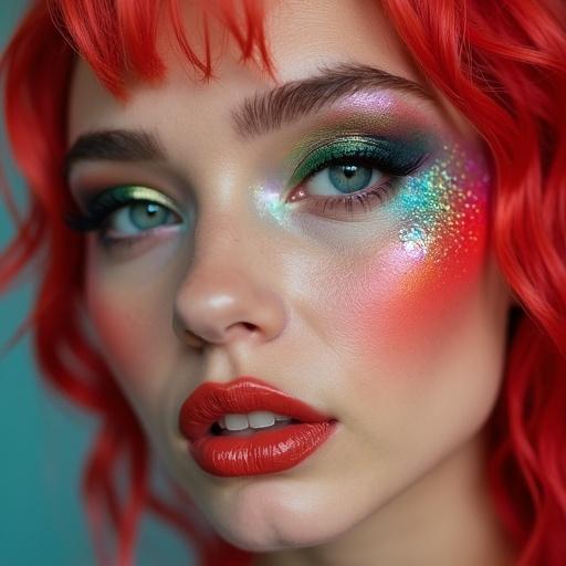 A woman wears colorful Jello inspired makeup. Her face features bright colors and shiny elements. She has a bold lip color. The look is artistic and vibrant.