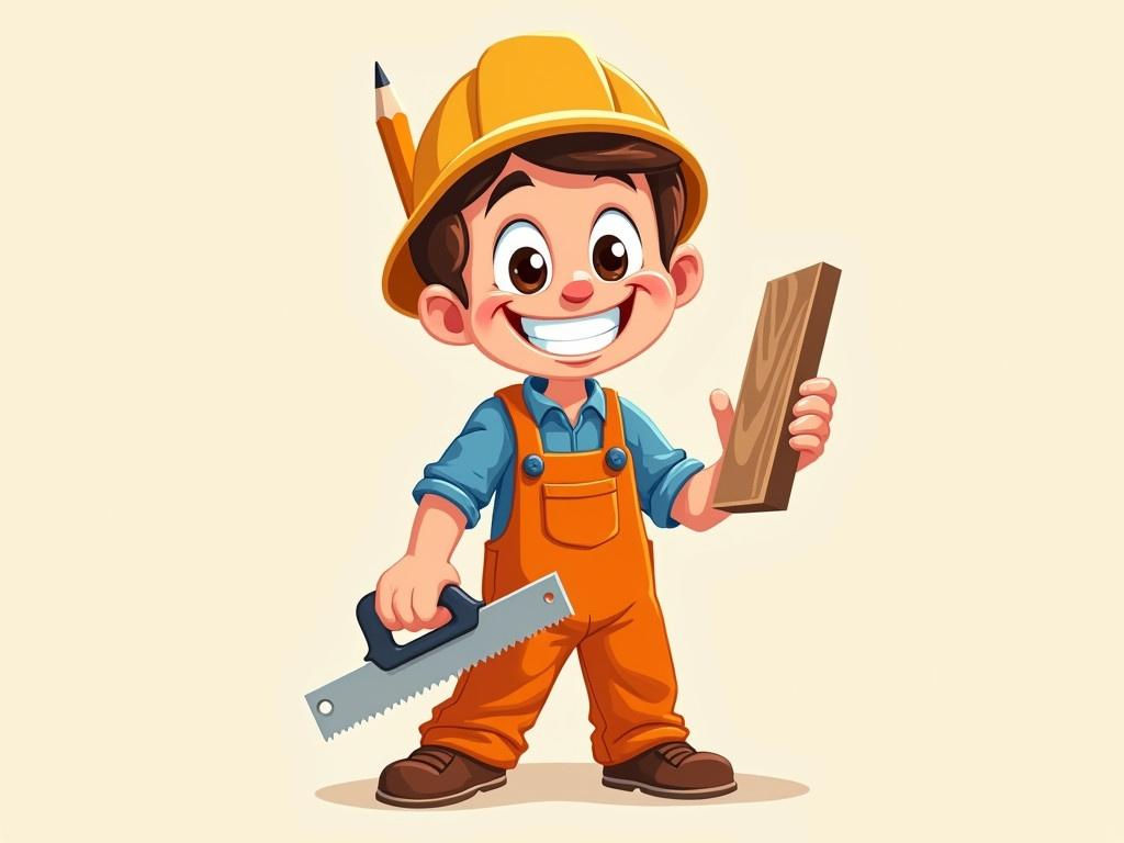 Create a sharp and funny cartoon picture of a handyman. The handyman should have a big smile and bright eyes, exuding friendliness and approachability. He should wear orange overalls that are slightly oversized for a comical effect. In one hand, he holds a piece of wood, and in the other, a saw, showcasing his tools. Add a pencil behind his ear to emphasize his creative side. The background can be simple to keep the focus on the handyman's cheerful expression and outfit.