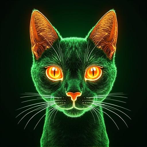Wireframe style of a cat face with green and orange colors. The image is super realistic showing intricate details of the cat's features.