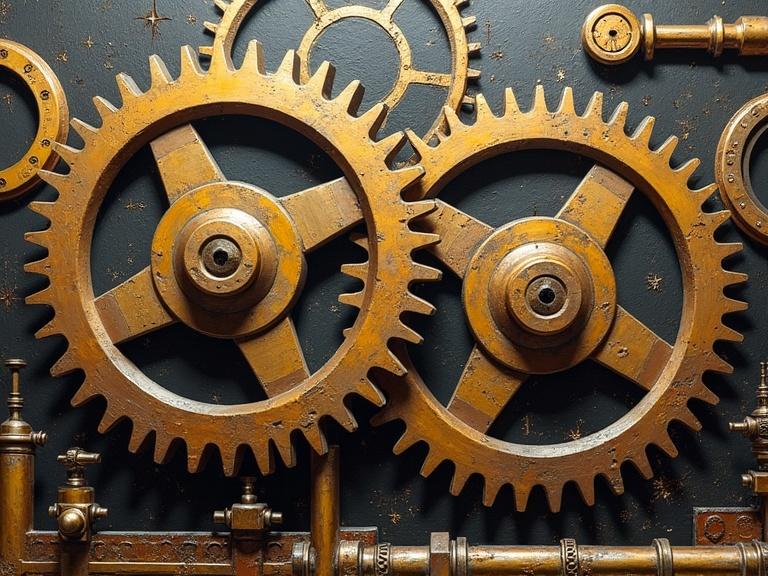 Detailed 3D rendering of two large, rotating gears with intricate teeth in a steampunk workshop. Surrounded by brass, copper machinery, pipes, and levers. Vintage feel with mixed media textures and collage elements. Eliciting depth and surface texture in a stunning composition.