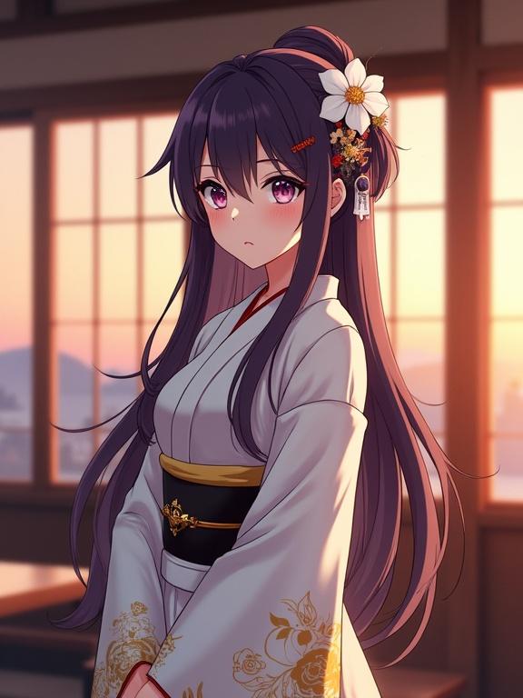 Anime character with dark violet long hair styled up with a flower ornament. Calm expression. Wearing a white kimono with golden patterns and a black obi. Standing in a traditional Japanese cafe at dusk. Soft evening light with a warm interior and sunset sky in background.