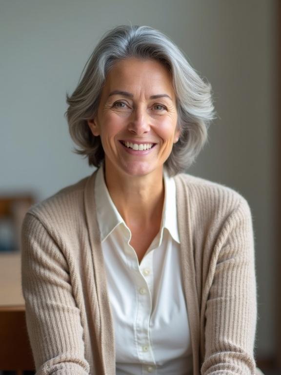 Warm female high school teacher around 58 years old with gray-streaked hair and gentle smile. Wearing modest cardigan over blouse. Sitting upright in softly lit neutral background. Good posture. Minimal makeup. Nurturing demeanor.