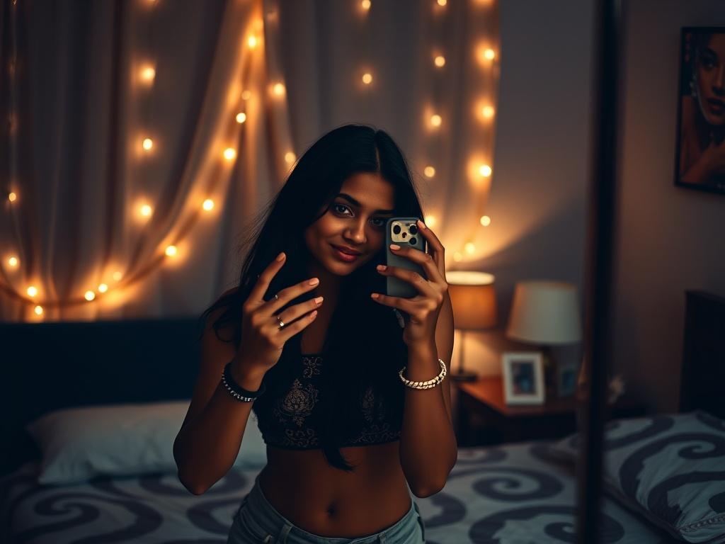 A person takes a selfie in a warmly lit room with string lights decorating the backdrop.