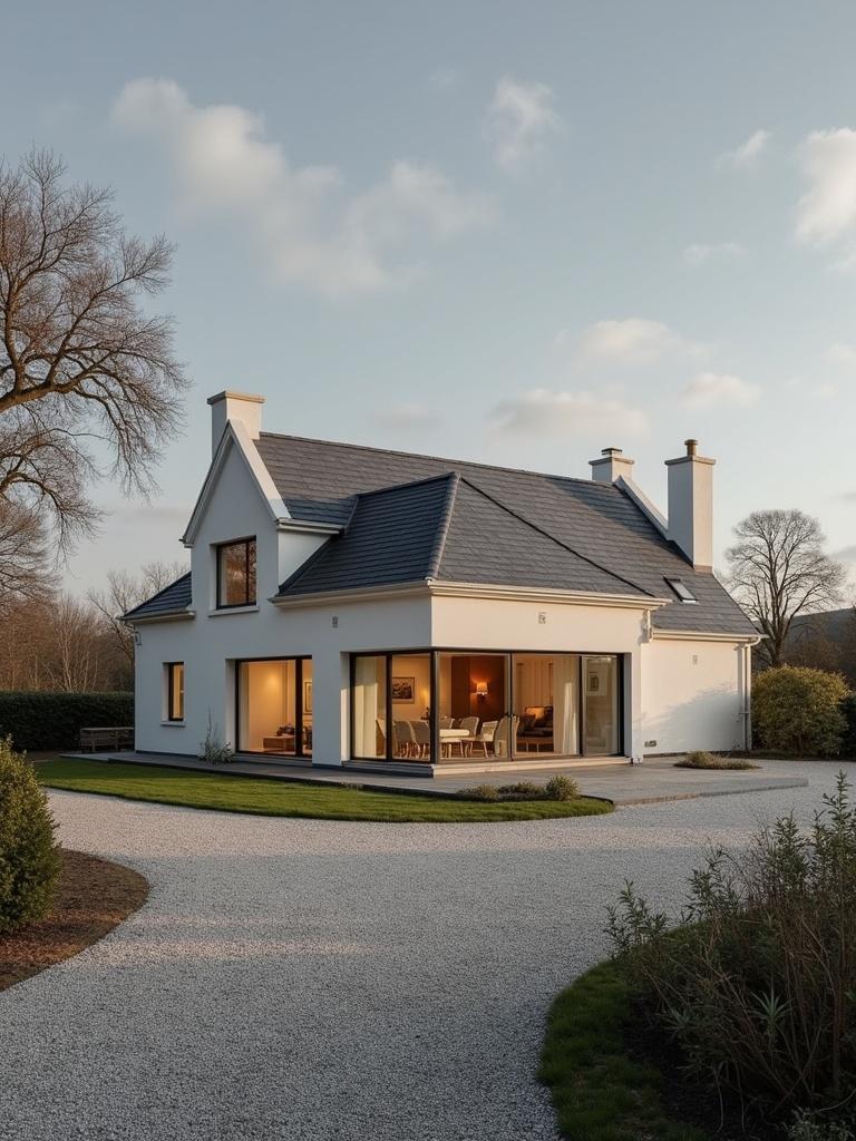 Image of a luxury home in Ireland. Home features full energy independence. House is situated in a scenic landscape. Modern design with large windows. Landscape includes a gravel pathway and green lawn.