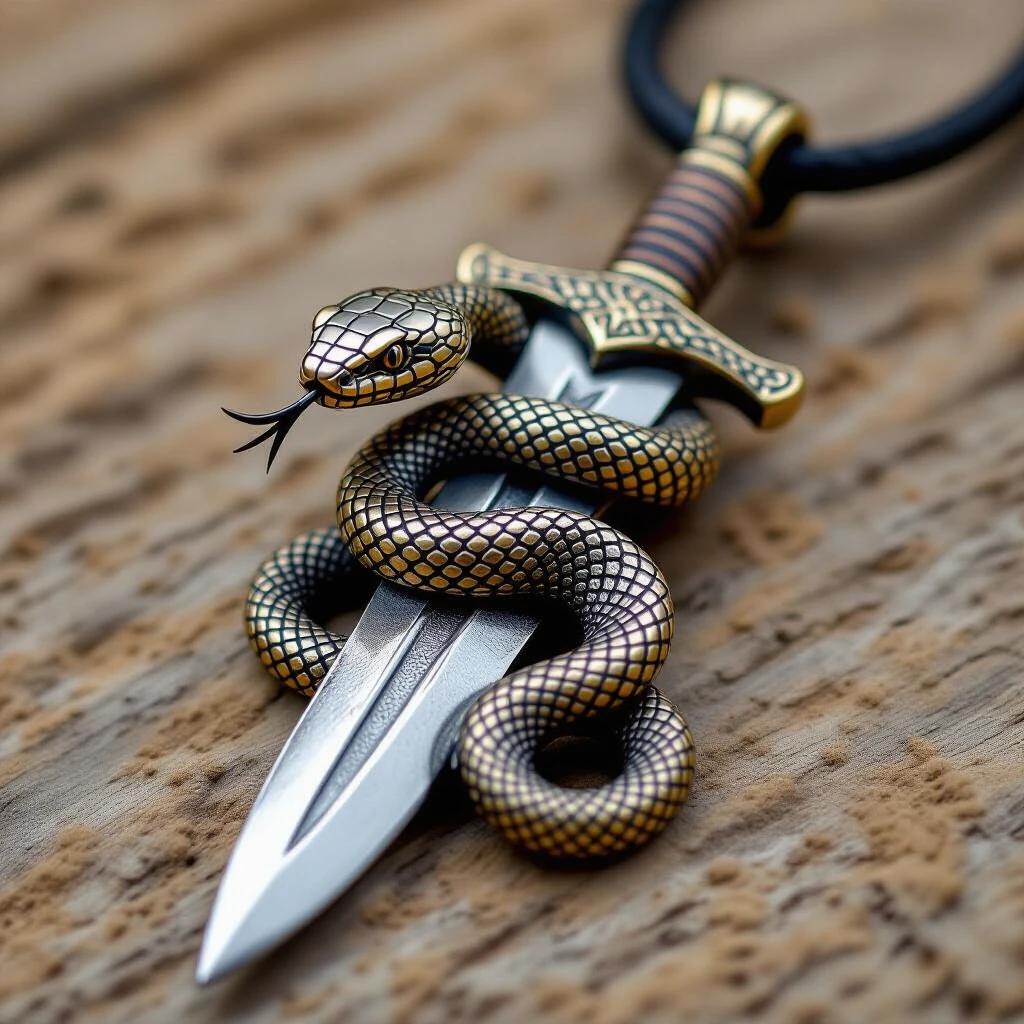 Create a pendant featuring a snake coiling up around a dagger blade. The snake's head reaches the hilt of the dagger.