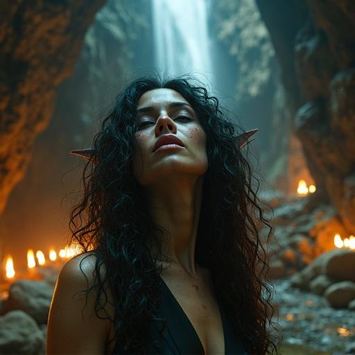 Creative portrait shot of an alien woman with pointy ears in a cavern lit by torches. Waterfall in background. Upward angle perspective. Textured appearance mimics professional painting techniques. Features curly hair. Dark atmosphere.