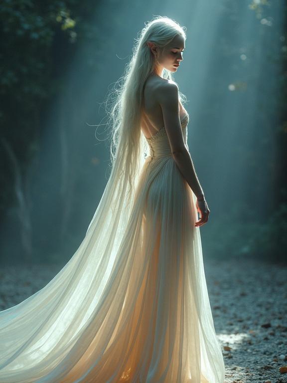 Elven figure in flowing gown glows in soft light. Gown drapes gracefully accentuating slender body. Silken fabric shimmers like moonlight. Hair cascades down flowing dress. Mysterious forest background enhances magical feel.