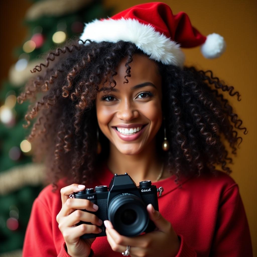 Creative African woman with curly hair wearing a Christmas hat holding a camera indoors.