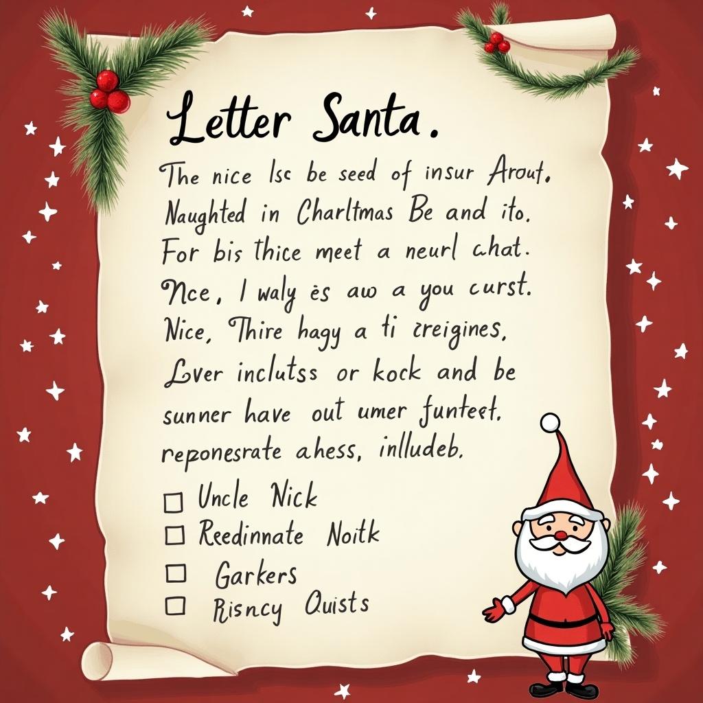 Illustration of a letter to Santa. List includes names. Nice list mentions Uncle Nick. Naughty list mentions Charlotte. Scroll decorated with Christmas elements.