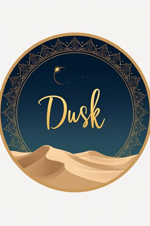 Circular profile picture for modern Arabic clothing brand named 'Dusk'. Features gradient from deep indigo to soft desert sand. Intricate Arabic geometric lattice pattern. Centered word 'Dusk' in bold elegant gold calligraphy. Delicate golden crescent moon in top-left corner. Sophisticated and contemporary aesthetic.