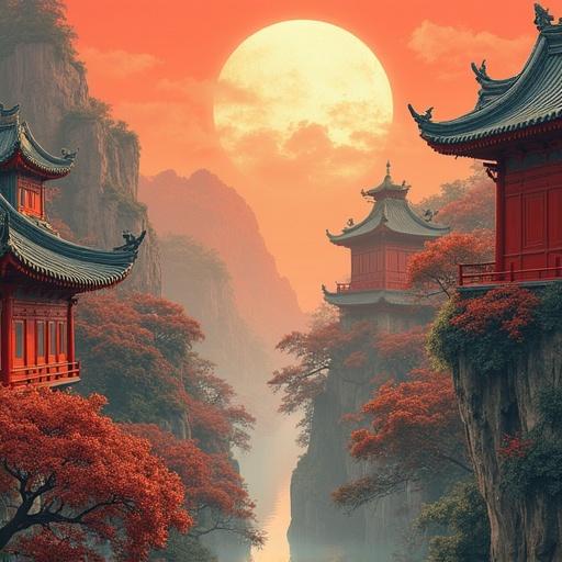 The image is a fantastical painting in surreal style. A large red moon dominates the center, surrounded by thick black clouds. Below, an unusual structure made of black branches rises from the ground, adorned with red fruits resembling blood drops. Gray and white mountains and water create a stark contrast in the background. The overall atmosphere is mysterious and eerie, like a dream in another world.