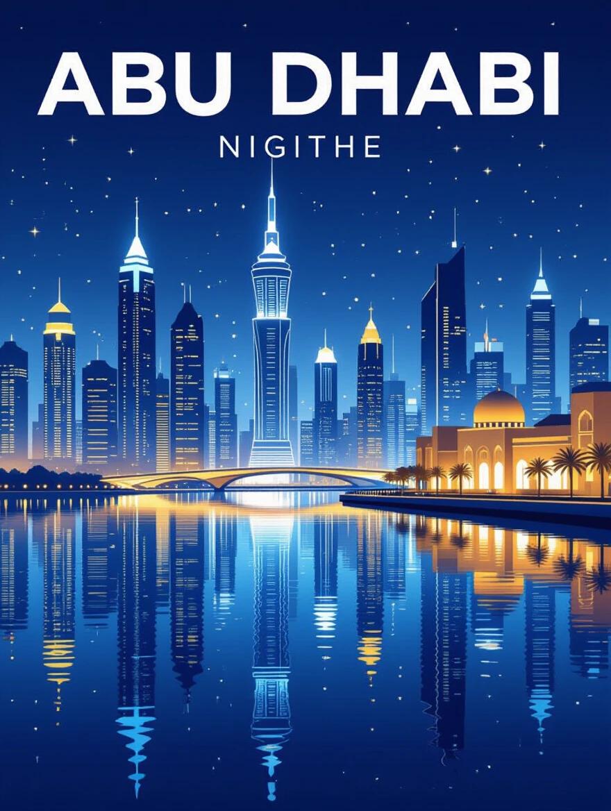 Modern poster design featuring Abu Dhabi skyline at night. Show architectural beauty of Corniche with sparkling city lights. Use geometric lines and a deep blue and gold color palette. Focus on abstract representations of landmarks.