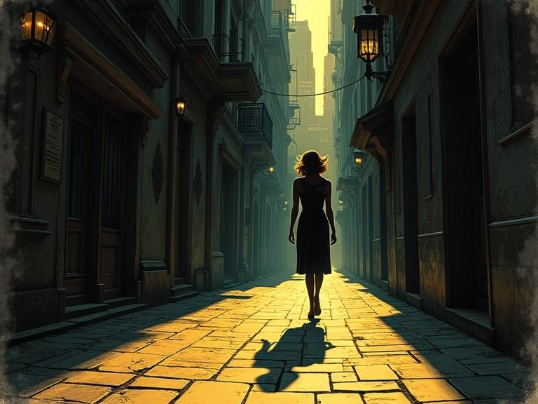 A woman walks down a dark alleyway in a 1920s city. Shadows stretch long and distorted. Vintage eerie aesthetics with intricate detailing. Noir lighting.