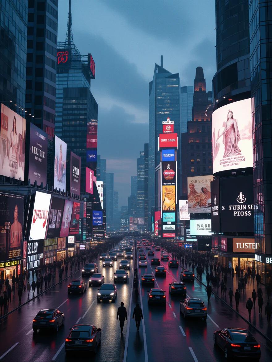 Modern cityscape at dusk. Busy street filled with cars. Bright advertisements and billboards. Pedestrians walk with blank expressions. Digital skyline with no spirituality visible. Overcast sky creates heavy atmosphere. Subtle figure of Sariel present.