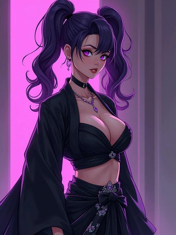 Anime character in a futuristic dojo setting. Woman dressed in sexy black kimono. Purple eyes and jewelry enhance her look. Background features a modern dojo design. Showing confidence with katana in hand. Stylized traditional tattoos visible. Elegant hair flows in pigtails. Ideal for gaming and anime themes.