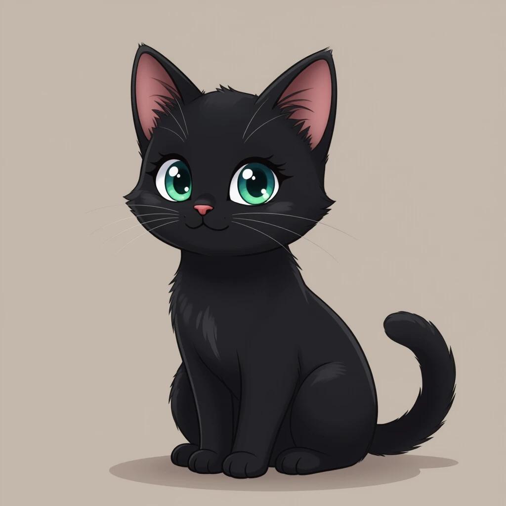 Create a character image for a virtual pet game featuring a cute black cat. The cat has large expressive green eyes and a playful appearance. The background is a simple light color to enhance the character.