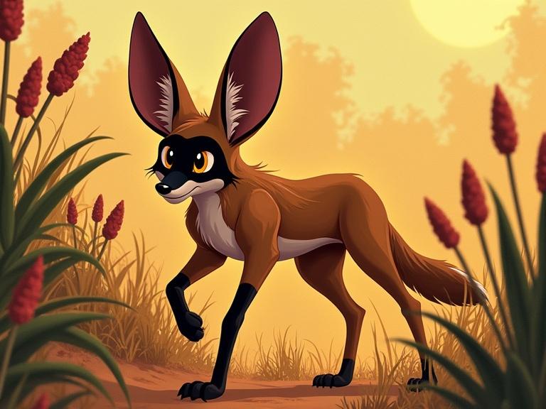 A bat-eared fox in an African savanna. It hunts amid blooming aloe plants and spiky acacias. The fox has huge ears and a black mask. The setting includes wavy grasses and bold savanna colors. The style is vibrant and textured.