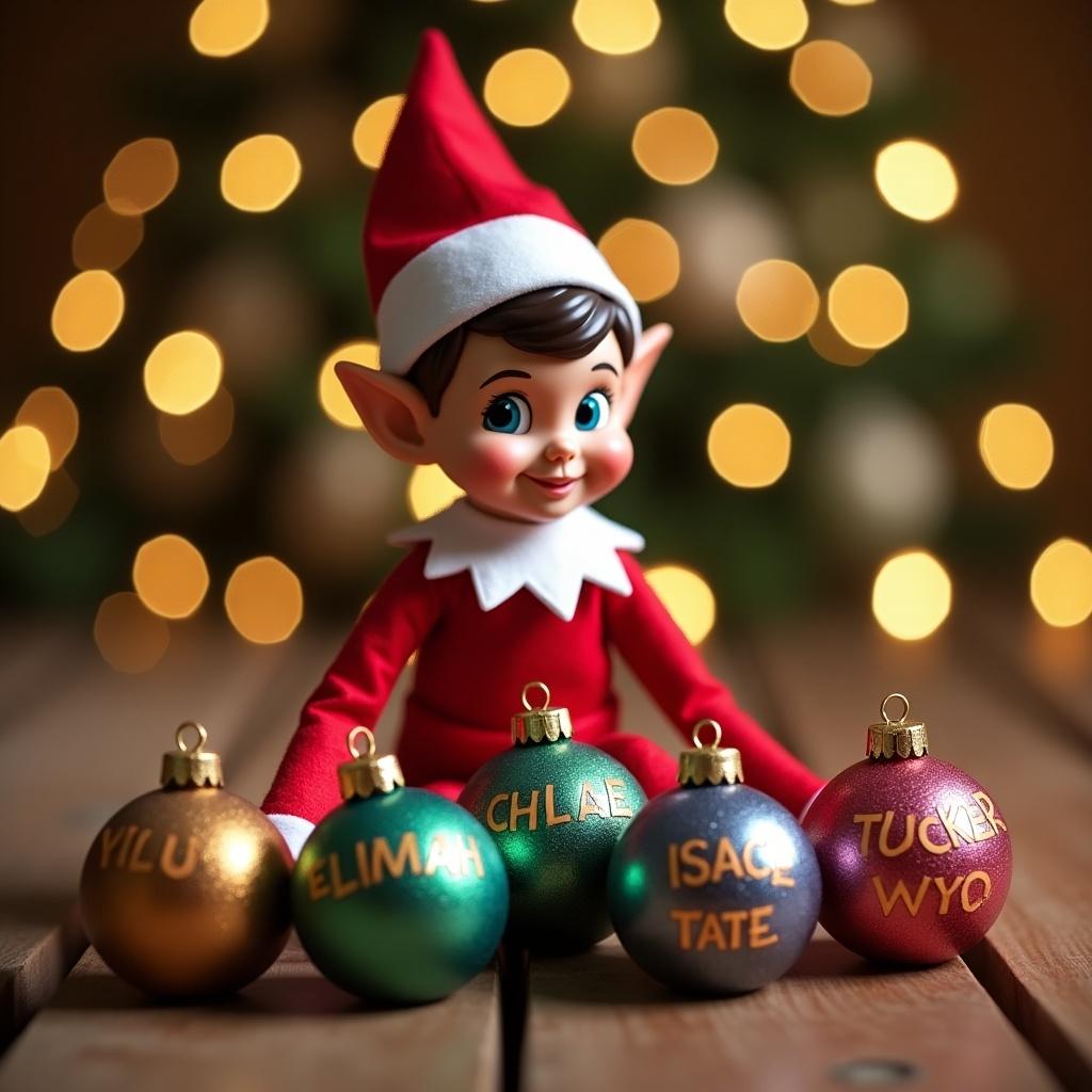 Elf character arranging colorful Christmas baubles with names Tucker, Chloe, ISAAC, Tate, Elijah. Background with soft Christmas lights. Elf dressed in red outfit. Scene embodies holiday joy and personalization.