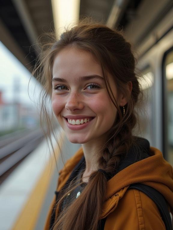 Teen girl at a train station with a smile. Her hair is braided. She wears an orange jacket. The background shows a train platform. Soft natural lighting enhances her beauty.