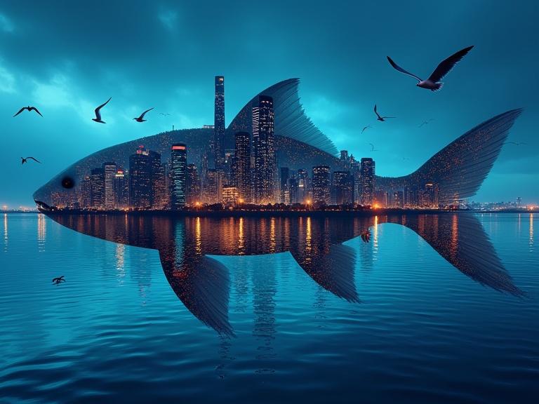 Silhouette of giant koi fish based on urban skyline. Nighttime scenery with neon lights. Calm sea reflects the city. Seagulls flying over the fish. Corals intertwine with buildings like a reef.