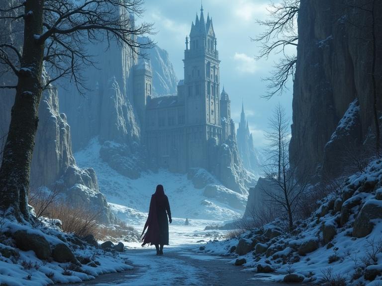 A distant castle surrounded by rocky mountains shrouded in mist. A lone figure in a red cloak walks through a snowy landscape. The scene is dramatic and atmospheric, evoking a sense of adventure and mystery.