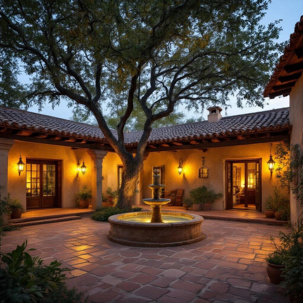 One-story house designed around open-air courtyard styled as a traditional hacienda. Features adobe walls, wooden beams, terracotta roof. Rooms connected to courtyard via wooden doors and arches. Central mature tree with stone fountain and clay tiles. Night scene with glowing lanterns illuminating walls and floor. Shadows across textured surfaces. Soft light visible through iron-framed windows. Natural garden surrounds house with trees and native plants. Photorealistic details, peaceful atmosphere.