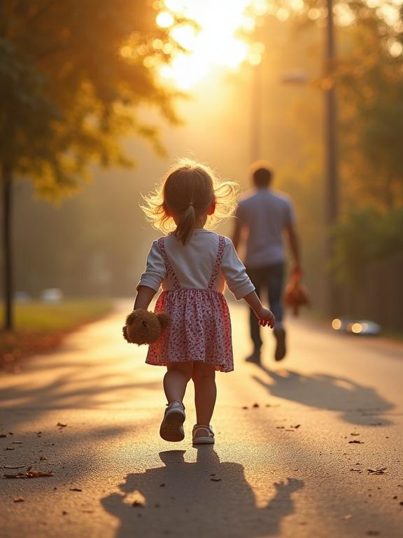 Two-year-old girl in a dress walks on a sunny street. She holds a teddy bear. Two people walk towards her from behind. The sun sets in the background creating a warm glow.