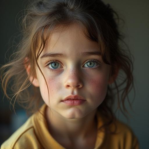 Photoreal portrait of a girl with blue eyes. She has tousled hair. Warm, natural lighting creates a soft ambiance. Her expression evokes curiosity and innocence.