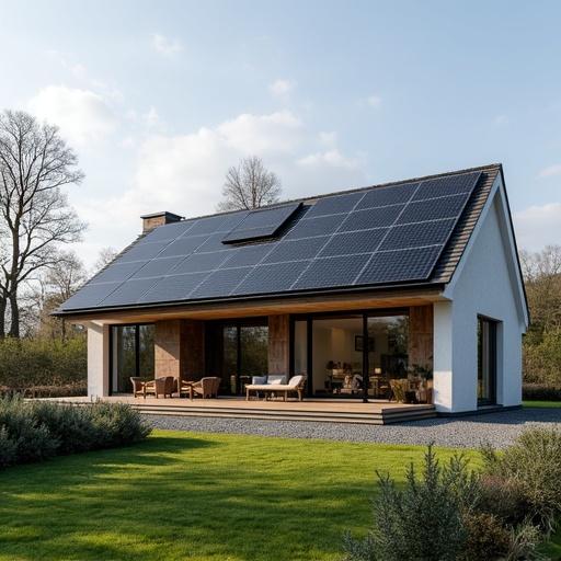 A luxury house designed with solar panels in a picturesque setting. The building has a modern architecture style with large windows and a spacious wooden deck. A lush green lawn surrounds the house with landscaped gardens. This image reflects eco-friendly living, illustrating a harmonious blend of luxury and sustainability.