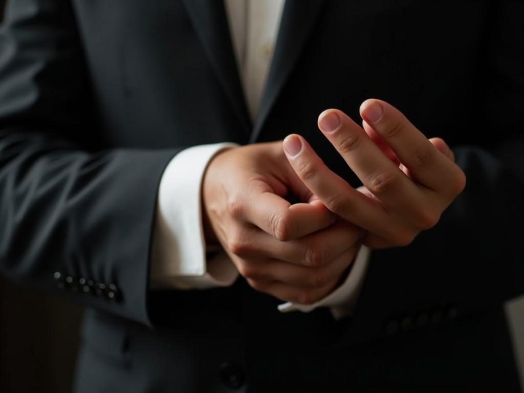 The image captures a close-up of a well-groomed hand belonging to a person wearing a formal suit. The hand is elegantly posed, with fingers slightly bent as if making a gesture. The suit is predominantly black, with a crisp white shirt underneath. There's a hint of sophistication, suggesting a formal event. The lighting is soft, subtly highlighting the details of the hand and the suit, conveying a sense of elegance and style.