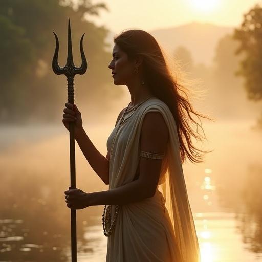 Maa Shailaputri stands beside sacred river with a trident. One hand in blessing mudra. Wind gently moves her hair. Divine aura glows softly in early morning mist and golden light.