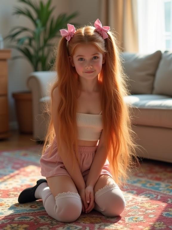 A teen with long red blonde hair kneels on a colorful rug in a living room. She wears a crop top, pale pink skirt, thigh-high socks, and black shoes. She has pink bows in her hair and a beautiful face.