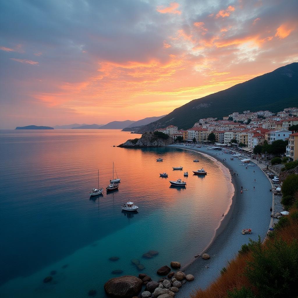 A serene beach at sunset with colorful skies. Boats are anchored in the calm water. The shoreline curves gently with beachgoers enjoying the view. Village buildings are visible in the background.