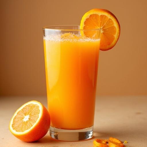 Fresh orange juice displayed in a glass with a sliced orange. The background is a warm, light color with a smooth surface.
