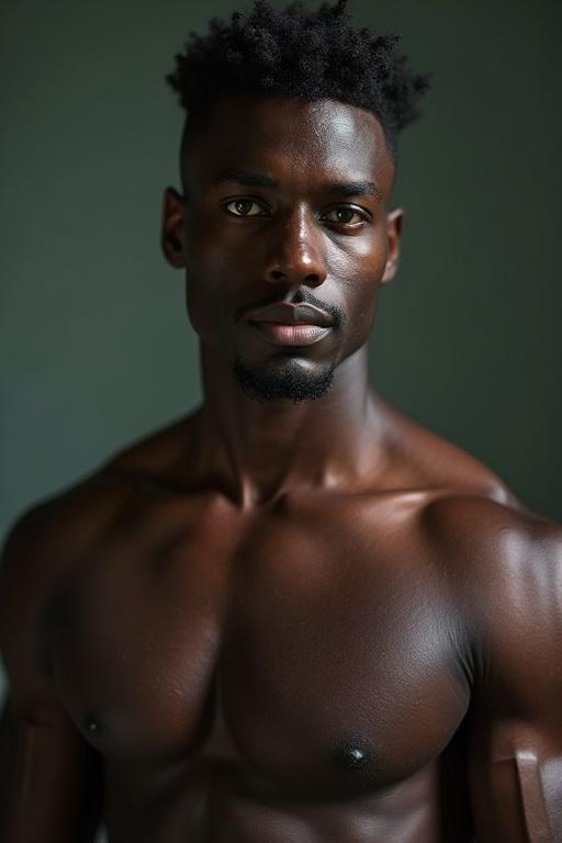 Portrait of a tall and masculine man with dark skin and green eyes. The man's upper body is muscular and well-defined. The photo captures his strong presence.