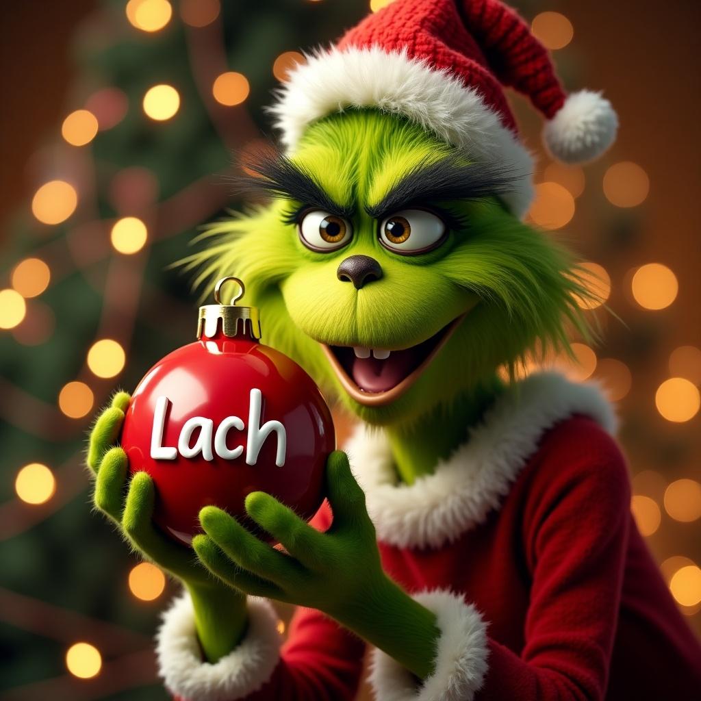 Grinch character holding a Christmas ornament with the name Lach. Background has Christmas lights.