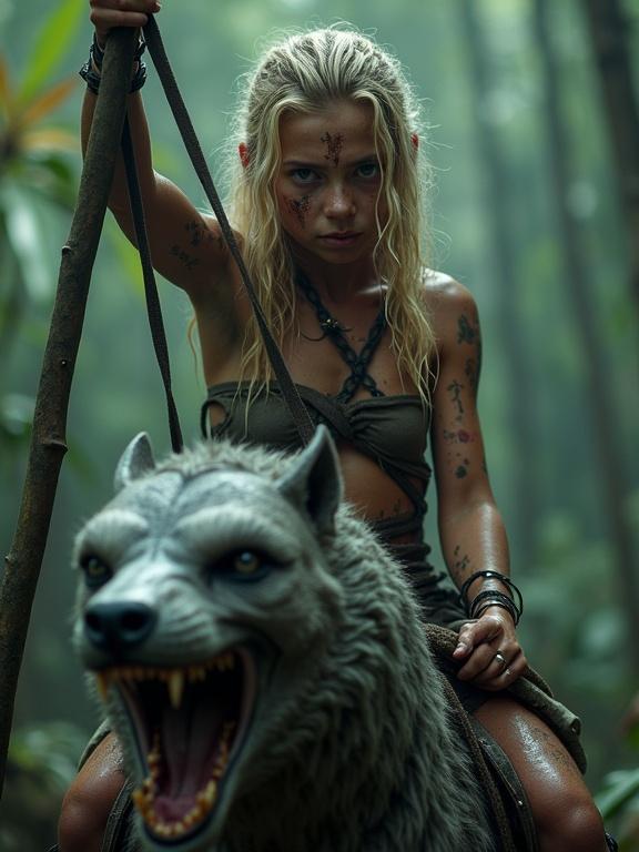 Close-up portrait of a battle-worn young warrior girl on a grotesque werewolf-like creature in a jungle. The girl has blonde hair, covered in dirt and sweat, with a determined expression. She holds the reins tightly, showcasing her muscular build. The werewolf has a slimy armored hide and is surrounded by thick mist. Bioluminescent fungi cast a glow across her face.