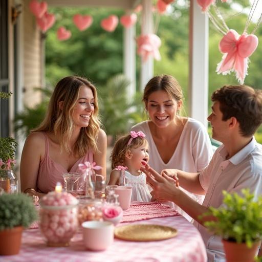 A joyful baby shower party scene on a sunny porch. The table is set with pink decorations and heart motifs. Guests are enjoying the occasion surrounded by plants and good company. Cheerful atmosphere with playful children.