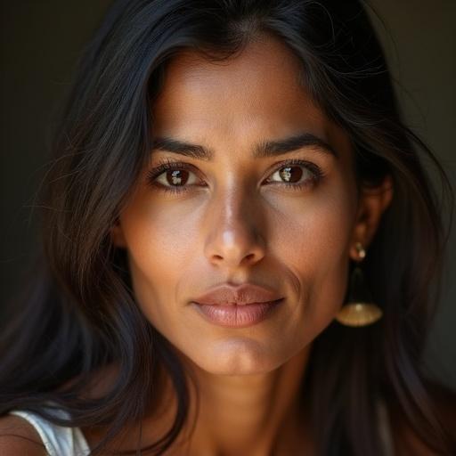 Close-up image of a woman with dark hair and natural makeup. She has an elegant expression. Soft light highlights her features. The background is slightly muted.