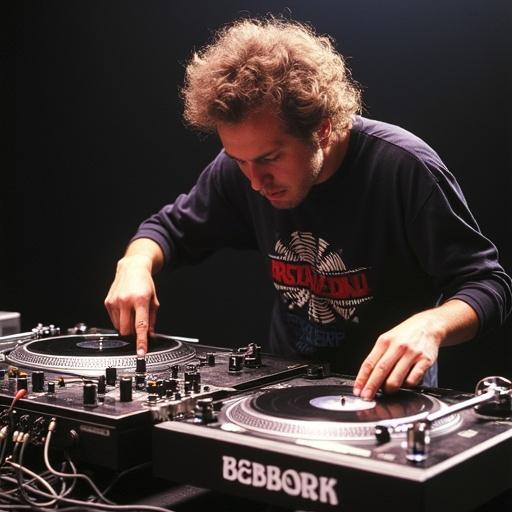 DJ Karsten Gottschalk from Germany performing at the 1992 Ortofon World DJ Mixing Championships. He is using two turntables positioned closely together. The mixer is placed on the left side. The DJ is executing intricate turntable tricks at a rapid pace.