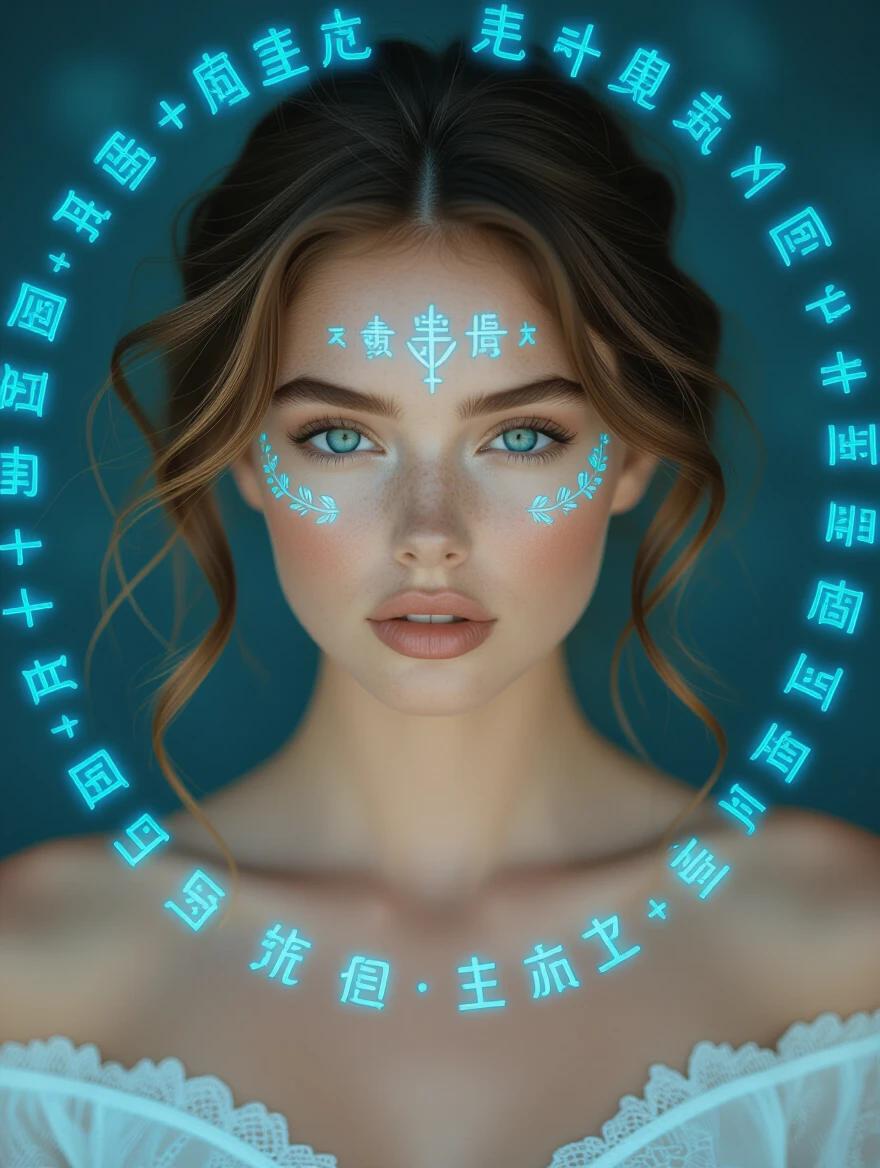 Photograph of a woman with fair skin and blue-green eyes in a t-pose. Wavy brown hair is messy. Floating in a dark background with glowing blue symbols. High aesthetic quality focused on her face and torso. Symbols illuminated with bright light creating an ethereal effect. Dark blurred backdrop with circular light patterns. Leading lines draw attention to her eyes. Fantasy element introduced by glowing text. Realistic detailed style with effective use of color.