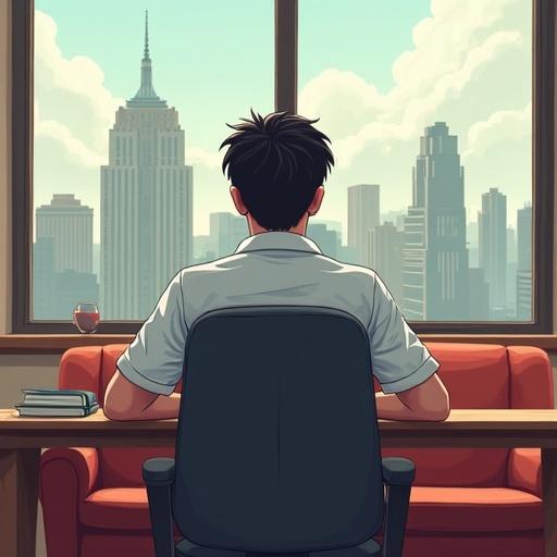 Illustration of a young man with black hair sitting behind a desk in a psychologist's office. He leans back in his chair. The office has a sofa and a window showing city views. The atmosphere is calm and professional.