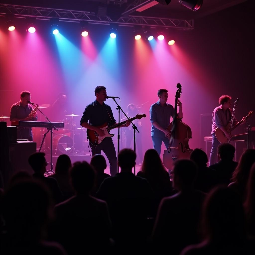 Lively concert scene with Jazz Band performing on stage. Stage illuminated with vibrant colored lights. Musician playing instrument passionately. Members of the band visible in the background. Image captures energy and emotion of live jazz performance. Audience enjoying music and engagement. Setting evokes celebration and joy associated with live music.