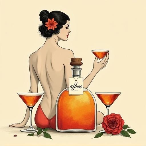 Minimalist screen printing artwork showcasing a topless flapper girl in a flirty pose. She holds a cocktail glass at chest level, adorned with a flower behind her ear. An apothecary bottle full of shimmering elixir is nearby. The bottle has a golden-reddish glow with a cork. Elegant tag displays the name 'ALFRUNO'. Flanking the bottle are two identical cocktail glasses with the same drink. Roses and green herbs surround the bottle. The setting is against a beige background with a mysterious and elegant mood.