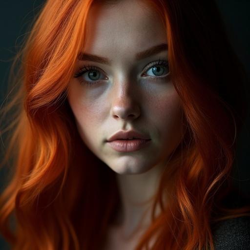 Portrait features woman with captivating eyes. Long red hair frames pale face. Dark background contrasts with her features. Flash photography creates surreal atmosphere. Shot with dynamic studio lighting and special effects.