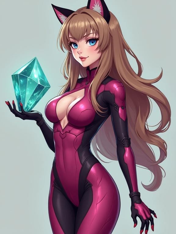 Art style inspired by Xenoblade Chronicles 2. Female character has long light brown hair, cat ears, blue eyes, and perky breasts. She is wearing a dark pink body suit and pink combat heels. Holding a teal glowing crystal in one hand. Full body render with a sci-fi look.