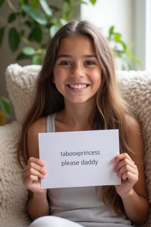 Girl with long brown hair sits in a cozy living room. She smiles while holding a paper with her Instagram handle. Soft pillows and plants are in the background. Natural light comes through the window creating a welcoming atmosphere. The look is casual and inviting.