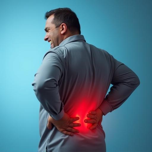 A slightly overweight man wears a grey shirt. He grimaces in pain. His hand touches the end of his back at the tailbone. Posture is bent forward. A soft red glow radiates from the point of touch. Background is a light blue gradient with clean lighting and minimal abstract elements.